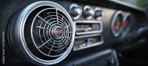 Close-up of a classic car's dashboard, showcasing a chrome vent and gauges