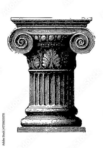 Antique engraving of an Ionic column capital with ornate scrolls and classical details. Perfect for architecture, history, vintage design, educational projects, and decorative artwork.