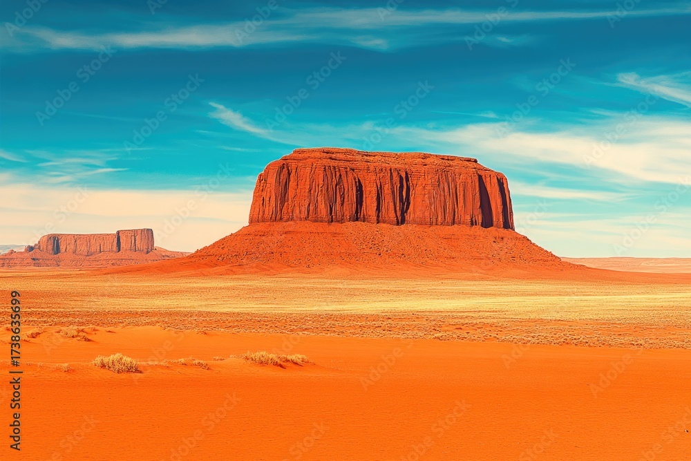 Naklejka premium Red rock formations in a vast desert landscape under a vibrant sky