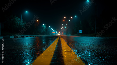 Moody low-angle view of a wet road in the city at night. Glowing streetlights and car headlights reflect on asphalt