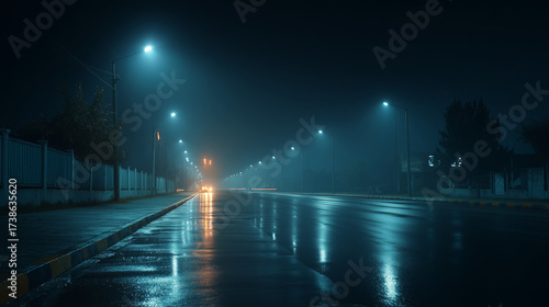 Moody low-angle view of a wet road in the city at night. Glowing streetlights and car headlights reflect on asphalt