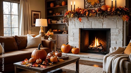 Living room decorated for fall, featuring fireplace with burning logs, pumpkins, and autumn leaves creating a warm, cozy atmosphere
