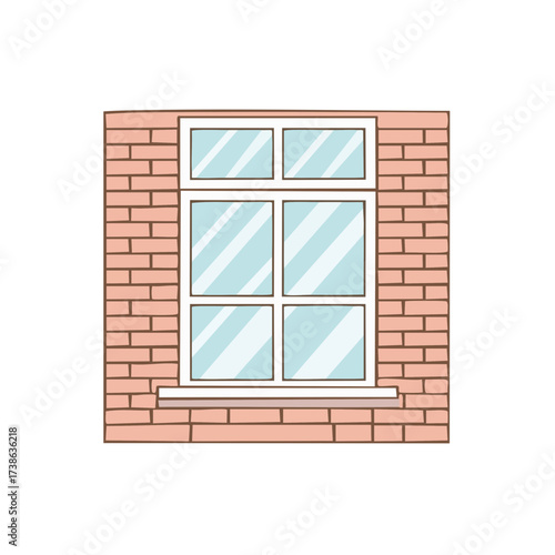 A brick wall with a six pane window, classic, with a simplistic design, perfect for various uses. A minimalist illustration of a window with a brick wall background.