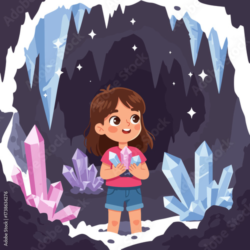 Cartoon Style Happy Girl Holding Crystal Inside Cave Illustration