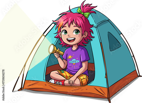 Cartoon Style Cheerful Girl in Tent Holding Flashlight Illustration