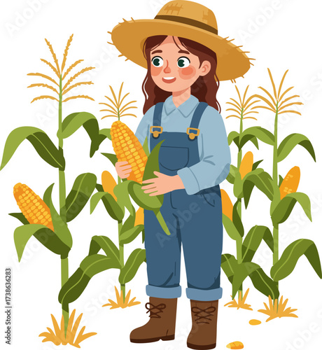 Cheerful Flat Illustration of a Girl with Corn in the Cornfield
