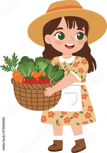 Cheerful Cartoon Young Farmer Girl Carrying Wicker Basket with Harvest