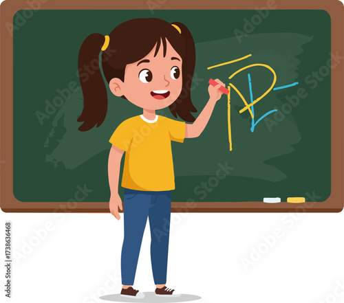 Cartoon Style Cheerful Girl Drawing On Chalkboard Education Illustration