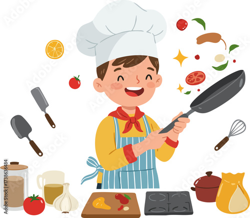 Cartoon Style Happy Chef Cooking Food With Frying Pan Illustration