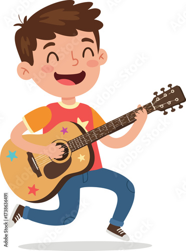 Cartoon Style Energetic Boy Playing Acoustic Guitar Musical Instrument Illustration