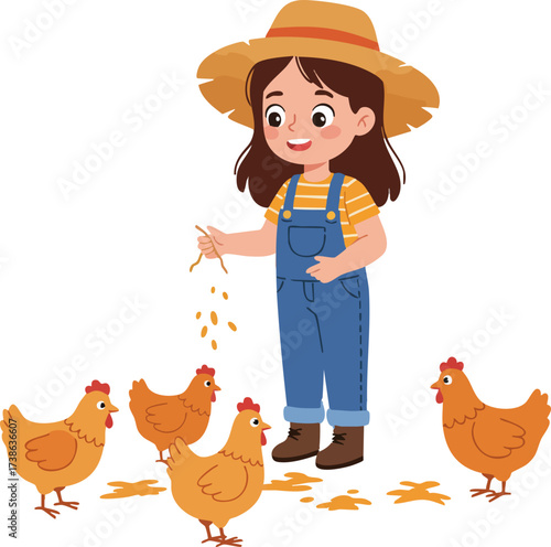 Cute Cartoon Style Young Girl Feeding Chicken at Farm Illustration