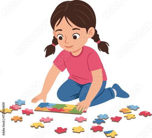 Flat Illustration Focused Girl Assembling Puzzle Piece on The Floor