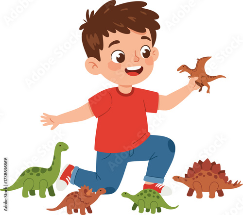 Cartoon Handdrawn Little Boy Playing with Dinosaur Toys Illustration