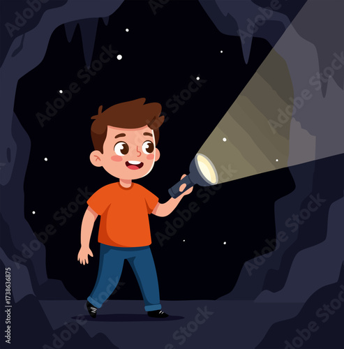Cartoon Style Boy Exploring Cave with Flashlight Adventure Illustration