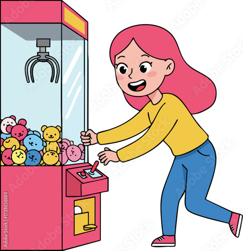 Cartoon Cheerful Girl Playing Claw Machine Inside Arcade Entertainment