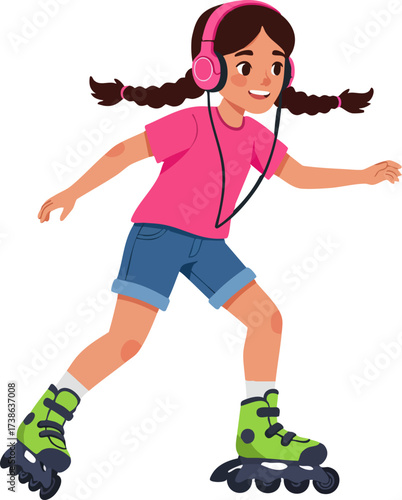 Cartoon Style Cheerful Girl on Roller Skates with Headphones Illustration