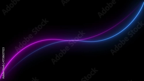 Abstract neon light trails glowing purple and blue curves moving dynamically on black background