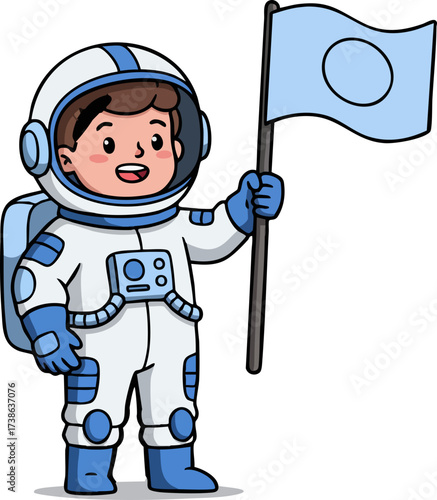 Cute Cartoon Style Astronaut Boy Holding Flag Space Exploration Illustration