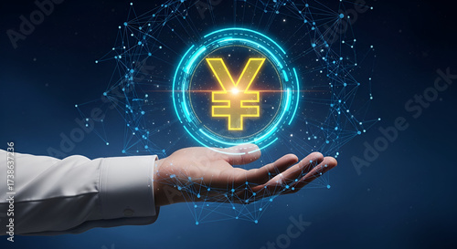 Wallpaper Mural Hand Presenting Holographic Yen Symbol — Digital Finance & Fintech Concept Torontodigital.ca