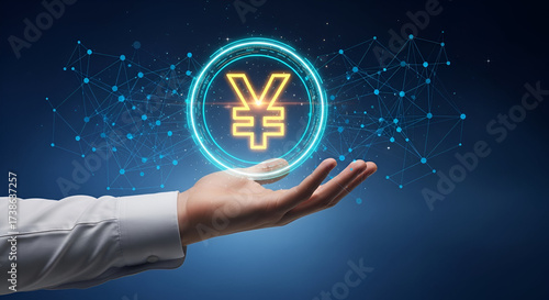 Wallpaper Mural Hand Presenting Holographic Yen Symbol — Digital Finance & Fintech Concept Torontodigital.ca