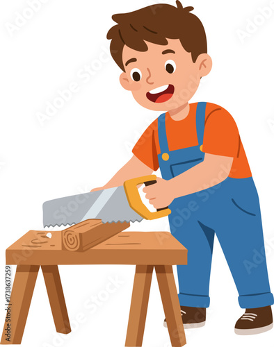 Cartoon Little Boy Using Saw to Cut Wood on Stool Illustration