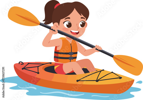 Flat Colorful Little Girl Kayaking Leisure Activity on The River