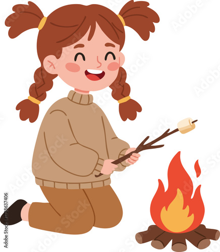 Photography Cute Cartoon Style Girl Roasting Marshmallow at Campfire Illustration