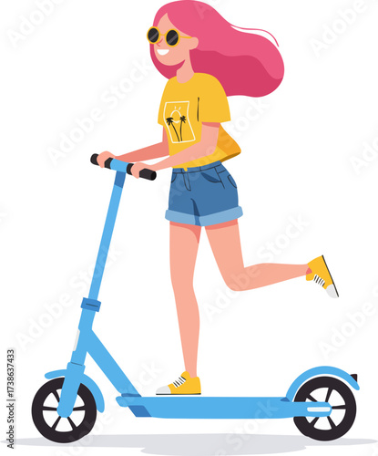 Flat Design Young Woman Riding Electric Scooter Transportation Illustration
