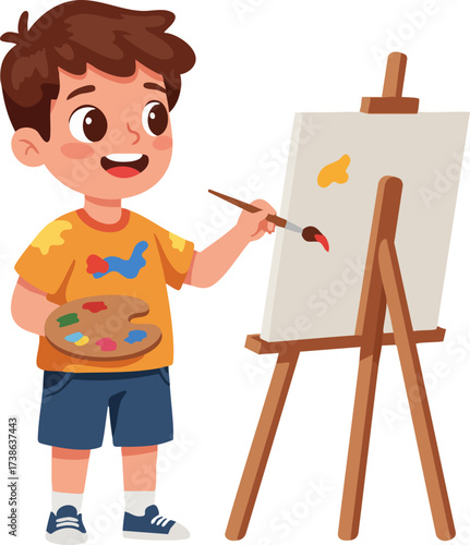 Cartoon Style Little Boy Painting on Canvas with Easel Illustration