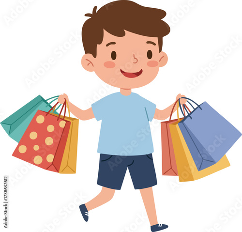 Cartoon Style Happy Boy Carrying Shopping Bags with Joyful Expression