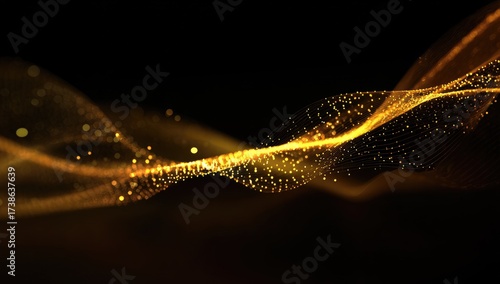 Glowing, golden particle streams undulate across a dark background, evoking energy & movement