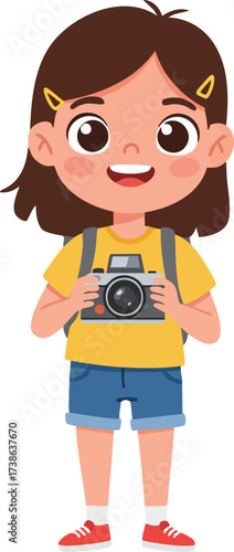 Cheerful Cartoon Young Girl Holding Camera With Backpack Illustration
