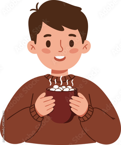 Cartoon Style Cute Boy Holding Warm Hot Chocolate Drink Illustration