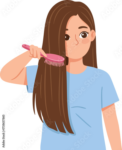 Flat Style Young Woman Brushing Long Brown Hair Grooming Illustration
