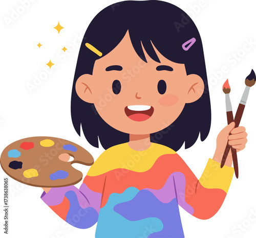 Flat Illustration Girl with Palette and Brushes for Creative Art Project