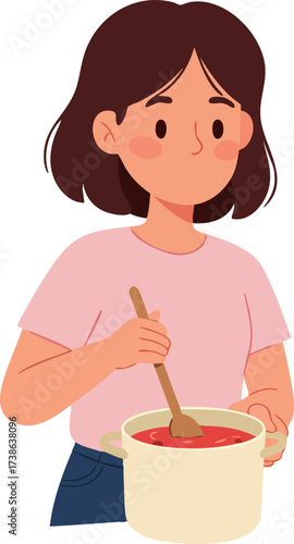 Cartoon Woman Cooking with Wooden Spoon Illustration in Kitchen Lifestyle