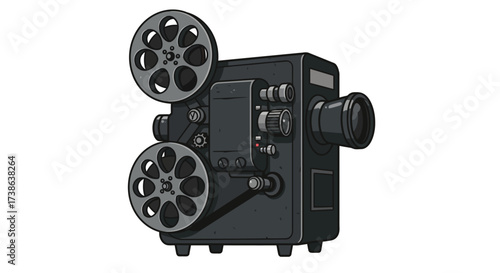 Vintage film projector with reels on white background