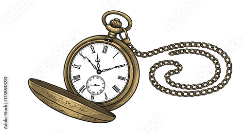 Vintage pocket watch with chain and open lid in antique style