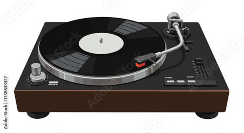 Vintage turntable with vinyl record on wooden deck in realistic style for mus…