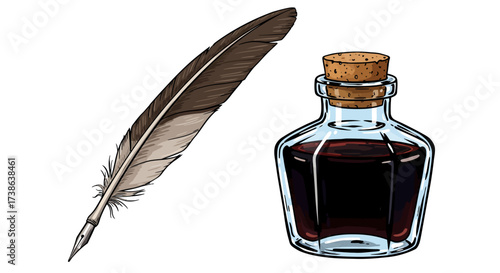 Antique quill with ink bottle for calligraphy enthusiasts