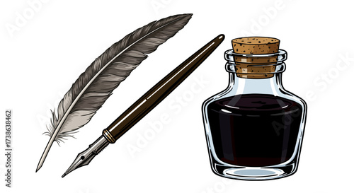 Vintage writing instruments: feather quill pen with ink bottle
