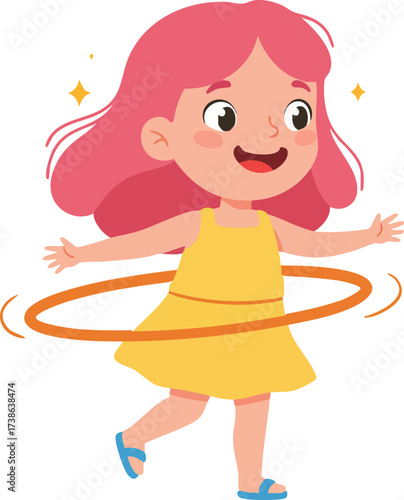 Cartoon Cheerful Little Girl Playing with Hula Hoop Illustration Artwork