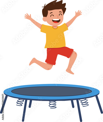 Cartoon Joyful Boy Jumping on Trampoline Outdoor Recreation Illustration
