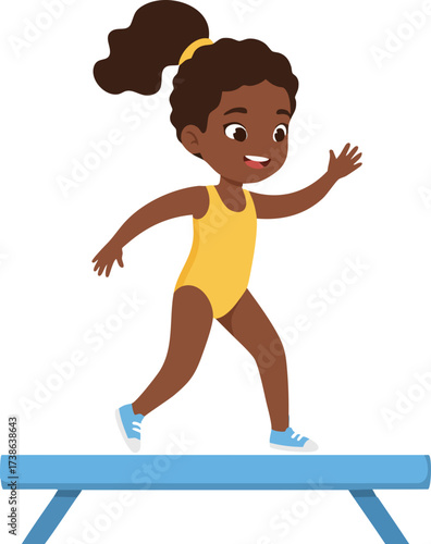 Cartoon Style Cheerful Young African Girl Doing Gymnastics Balance Beam