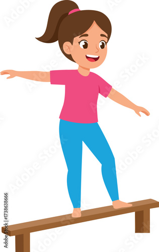 Cartoon Little Girl Balancing on Beam Gymnastics Skill Training Exercise