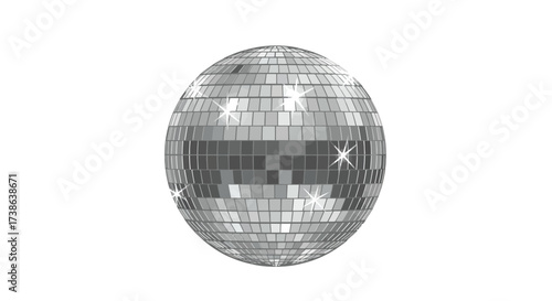 Shiny reflective disco ball with sparkling mirror tiles on white background