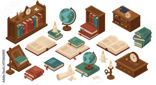 Isometric vintage library elements with books, globes, and candles