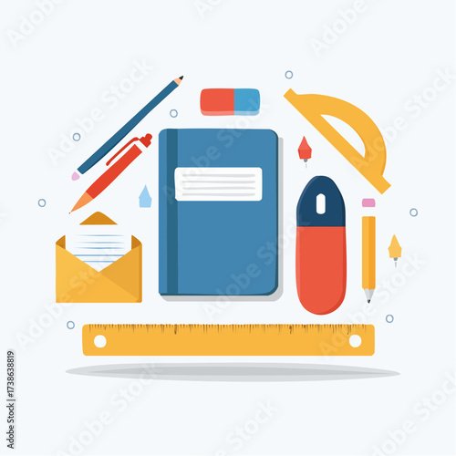 Collection of school and office supplies, including a notebook, pens, pencils, ruler, eraser, and envelope, artfully arranged on a light blue background