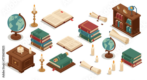 Vintage library elements isometric set with books, globes, and candles for cr…