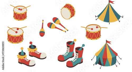 Colorful circus elements: drums, tents, clown shoes, maracas in fun isometric…